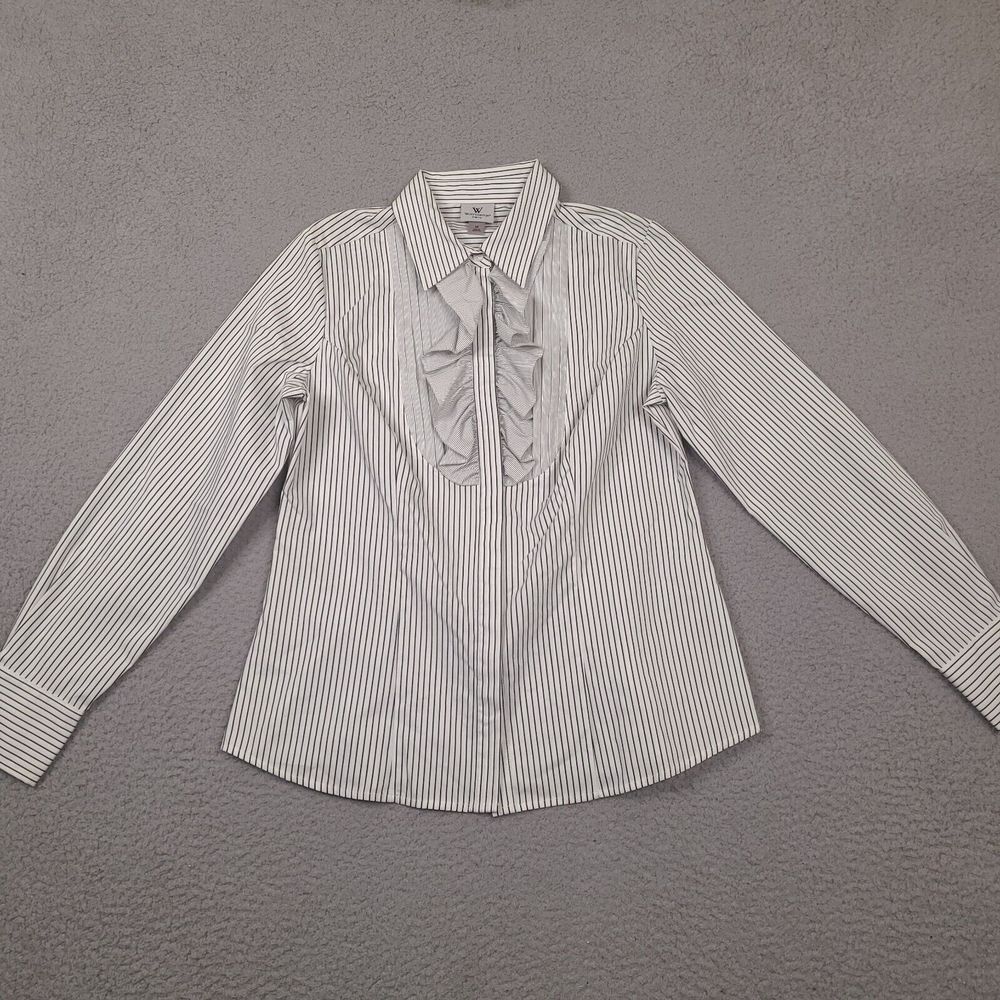 Worthington Blouse Shirt Womens Medium White Black Striped Ruffle Stretch Button